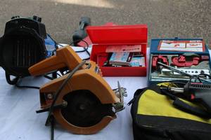 lot 42 image: Mixed Tool Lot  Portable Heater, Black & Decker Saw, Flare Tool, Stapler, Solder Gun