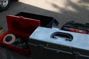 lot 43 image: Mixed Power Tool Lot  Masterforce Right Angle Drill, Black & Decker Drill, Tool Shop Grinder