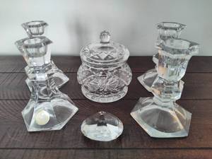 lot 67 image: Lead Crystal Candlestick Holders, Candy Dish & Small Paperweight