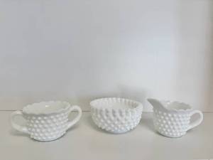 lot 37 image: Vintage White Hobnail Creamer, Sugar Bowl and Candy Dish