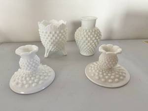 lot 38 image: White Hobnail Milk Glass Candle Holders and Vases