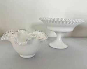 lot 11 image: Vintage Fenton Silver Crest Ruffled Bowl and Pedestal Candy Dish
