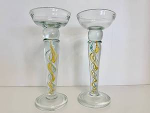 lot 17 image: Vintage Hand Blown Stuart Yellow Twist Pillar Candle Holders