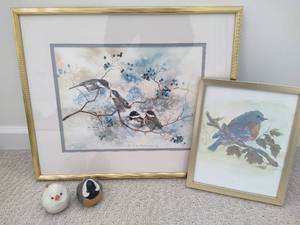 lot 182 image: Bird Framed Art by Jean Haefele & Shirley Stassen  Carved Decor