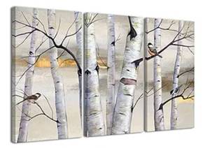 lot 129 image: 3 Panel Birch Tree and Bird Canvas Wall Art 31.5 x 16 $51.99 Retail - Brand New