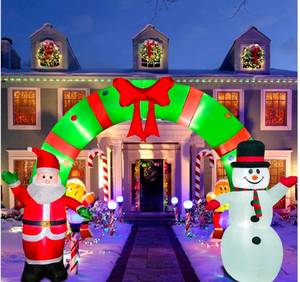 lot 252 image: 12ft Lighted Christmas Inflatable Archway Santa and Snowman with Bow $79.99 Retail - Brand New