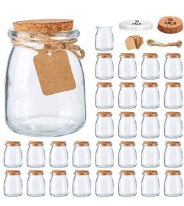 lot 282 image: Glass Jars with Cork Lids 30pk 7oz Jars with label Tags and String - Brand New