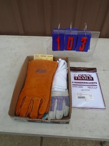 lot 103 image: Flat of gloves & hankeys. As shown.