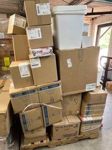 lot 28 image: Whole Pallet Filled with New In Box Items  Highlights - Toilet Paper, Lab Coats, New In Box Heating Pads, Uline Sleeve Protectors,&nbspAHP Diversey Oxivir TB Wipes &nbspMust take all