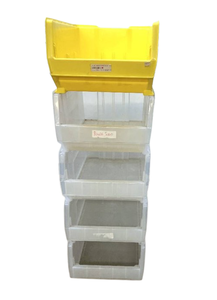 lot 29 image: MSRP $350 Used Akro-Bin Super-Size Stacking Bins  5 Bins in Yellow & Clear, Model 30-288  23.875L x 16.5W x 11H, Strong 300 lb Capacity, Space-Saving, Perfect for Garage, Workshop, or Warehouse Organization