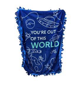 lot 46 image: NEW Handcrafted Outer Space Theme Youre Out of this World Fleece Blanket with Fringed Edges