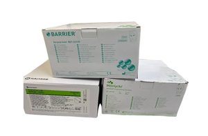 lot 96 image: NEW 2 Boxes (100 hoods per box) Molnlycke Barrier Standard Tuck Surgical Hoods and 1 Box (100 caps per box)&nbspHalyard 69240 Kaycel Fabric Surgical Caps