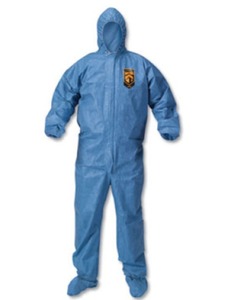 lot 105 image: MSRP $350  1 Case (24 each) NEW Kleenguard 45094 Blood and Chemical Splash Protection Hooded & Booted Denim Coveralls - Size XL Blue
