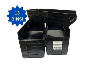 lot 9 image: Lot of 13 Uline S-13400 Storage Bins  Stackable Long Lasting Plastic Storage Bins Made in the USA &nbspRear notch allows bins to slide & hang open on Shelf Bin Organizers - Great Condition&nbsp7 x 18 x 4