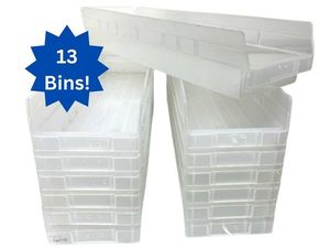lot 30 image: Lot of 13 Akro-Mils 24 Long Shelf Bins  Clear Durable Industrial-Grade Plastic, Approx 24L x 6W x 4H  Waterproof, Grease & Oil Resistant, Works with Standard Wire or Steel Shelving, Perfect for Garage, Workshop, or Warehouse Organization
