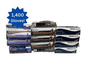 lot 35 image: MSRP $350  13 boxes - 1400 gloves Total NEW Mixed Brand Nitrile Gloves M &ampMostly L - Microflex, Curaplex,Halyard Black-Fire 