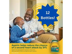 lot 40 image: 1 Box NEW 12 (32 Count) Bottles Bayer 81 mg Low Dose Safety Coated Aspirin Regimen Pain Reliever Samples - Coupons Included