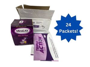 lot 45 image: 1 Case (24PacketsCase) NEW MiraLAx Polyethylene Glycol 3350 Mix-In Pax Powder for Solution Osmotic Laxative - Relieves Occasional ConstipationIrregularity - Case Has Coupons