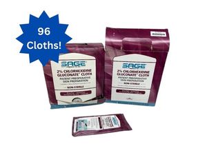 lot 54 image: 2 Boxes (48 Cloths Per Box) NEW Sage Non-Sterile Rinse-Free Alcohol-Free Single-Use 2% Chlorhexidine Gluconate Cloth Patient Preoperative Skin Preparation - Open Box