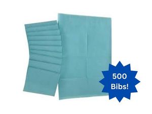 lot 63 image: 1 Case (500 each) NEW Braval 143-7771 Single-Use 2-Ply Tissue  1-Ply PE Patient Bibs - Blue
