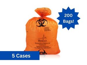lot 67 image: MSRP $400  5 Cases (200 bags per case) NEW Medegen Medical Products 8-702 19 x 23 Extra Thick 2.0mil Autoclavable Biohazard Waste Bags - Orange