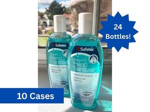 lot 69 image: MSRP $600  10 Cases (24 bottles per case) NEW Safetec 8 oz. Fliptop Waterless Instant Hand Sanitizer with Aloe Bottles - Fresh Scent