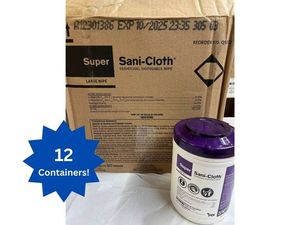 lot 83 image: MSRP $150  1 Case (12 containers per case) NEW PDI Q55172 6 x 6.75 Super Sani-Cloth Germicidal Disposable Wipes - Large Canisters