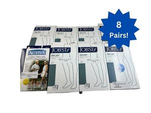 lot 94 image: MSRP $400 Lot of 8 NEW Jobst RELIEF Knee Cut Medical Compression Stockings and Professional Activa CoolMax Athletic Socks