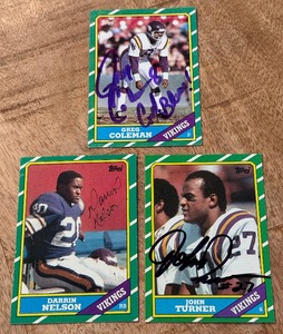 lot 112 image: (3) Minnesota Vikings Signed 1986 Topps Football Cards - Greg Coleman, Darrin Nelson, John Turner