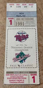 lot 115 image: Minnesota Twins 1991 World Series Game 1 Ticket