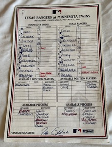 lot 223 image: Minnesota Twins vs. Texas Rangers May 21, 2002 Dugout Lineup Roster Card Signed By Ron Gardenhire