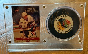 lot 8 image: Jeremy Roenick Signed Hockey Puck with JSA COA and Card