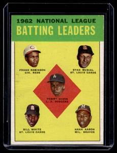 lot 33A image: 1963 Topps NL Batting Leaders #1 - Aaron  Musial  Robinson  Davis  White - Vintage Baseball Card