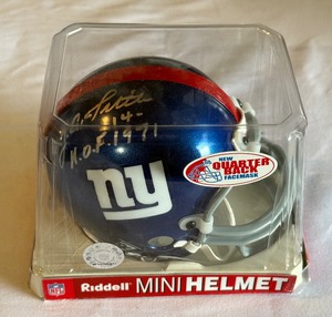lot 97A image: YA Tittle Signed and Inscribed New York Giants Football Mini Helmet