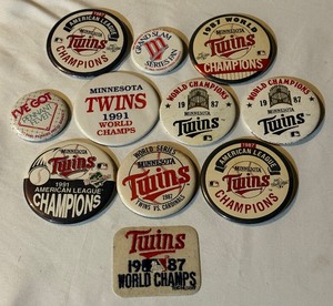 lot 109A image: Large Lot of 10 Minnesota Twins 1987 and 1991 World Series Pins and 1987 Patch