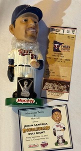 lot 146A image: Johan Santana Bobblehead with Ticket Stub and Card - Minnesota Twins Baseball