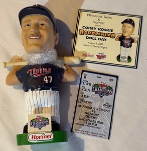 lot 148A image: Corey Koskie Bobblehead with Ticket Stub and Card - Minnesota Twins Baseball