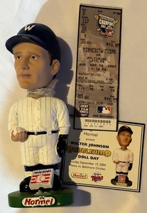 lot 151A image: Walter Johnson Bobblehead with Ticket Stub and Card - Minnesota Twins Baseball