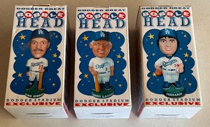 lot 195A image: (3) Los Angeles Dodgers Bobbleheads - Kirk Gibson, Fernando Valenzuela, Tommy Lasorda