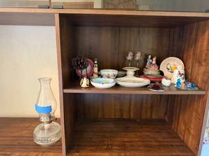 lot 27 image: Collection of Vintage Decorative Items, Plates, Figurines, and Glass Oil Lamp