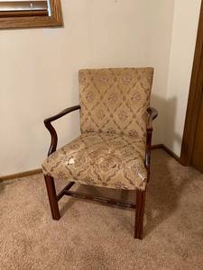 lot 55 image: Upholstered Arm Chair with Wooden Frame and Damask Pattern