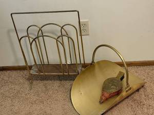 lot 57 image: Vintage Brass Fireplace Set with Log Holder, Scuttle, and Bellows