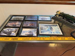 lot 82 image: Train Locomotive Telephone and Set of 7 Framed Train Art Prints