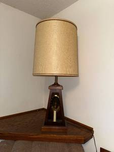 lot 84 image: Vintage Wooden Table Lamp with Candle Accent and Fabric Shade