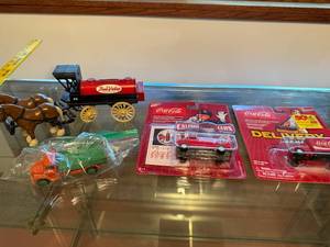 lot 87 image: Set of 4 Collectible Toy Vehicles Including Coca-Cola Delivery Trucks and Horse Drawn Wagon