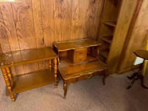 lot 106 image: Collection of 4 Vintage Wooden End Tables with Shelving and Drawers