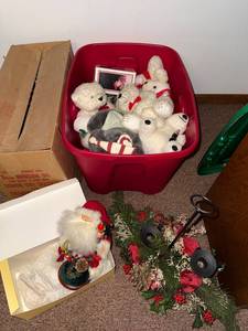 lot 109 image: Holiday Decor Collection with Plush Bears, Santa Figurine, and Candle Holder