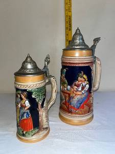 lot 11 image: Pair of Vintage German Beer Steins with Pewter Lids