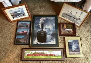lot 38 image: Collection of 7 Framed Train and Railroad Art Prints