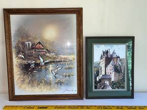 lot 49 image: Framed Art Prints Andres Orpinas Barn with Ducks and Castle Scene Set